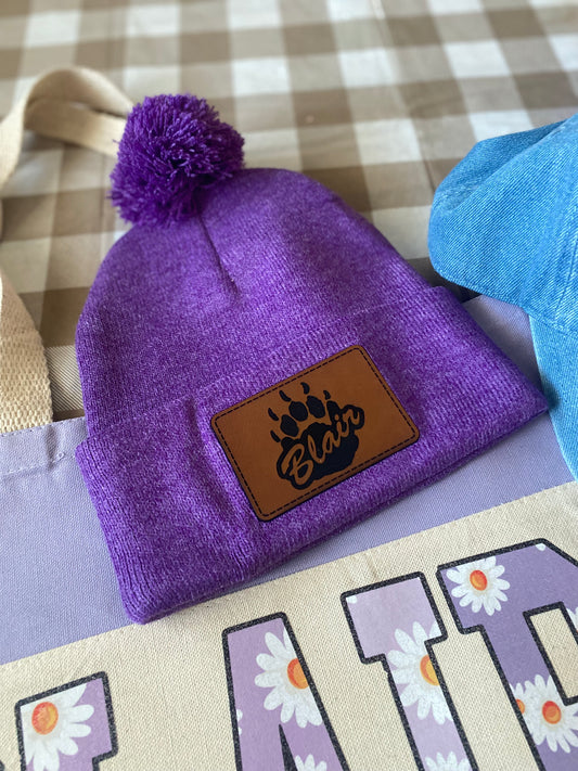 BLAIR • HEATHER PURPLE CUFF POM PATCH BEANIE